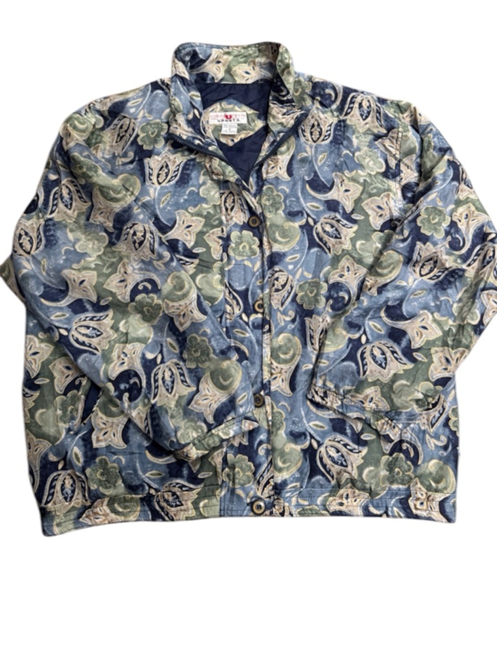 Vintage Stunt Sports Paisley Windbreaker Jacket Blue Green Retro 90s Lightweight - Picture 2 of 5